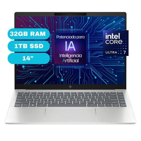 Notebook HP Pavilion Plus 14-ew1002la, Core Ultra 7 155H hasta 4.8GHz, 32GB LPDDR5x-6400