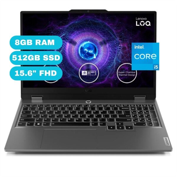 Notebook Lenovo LOQ 15IAX9 15.6" FHD IPS, Core i5-12450HX hasta 4.4GHz 8GB DDR5-4800MHz